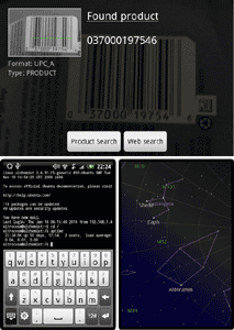 Some of the applications installed include a barcode scanner (top), an SSH client (left), and Google's Sky Map (right).