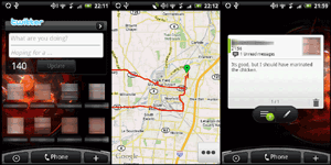 Left: text messaging widget.  Center: GPS tracking app.  Right:  Twitter widget and contact list shortcuts